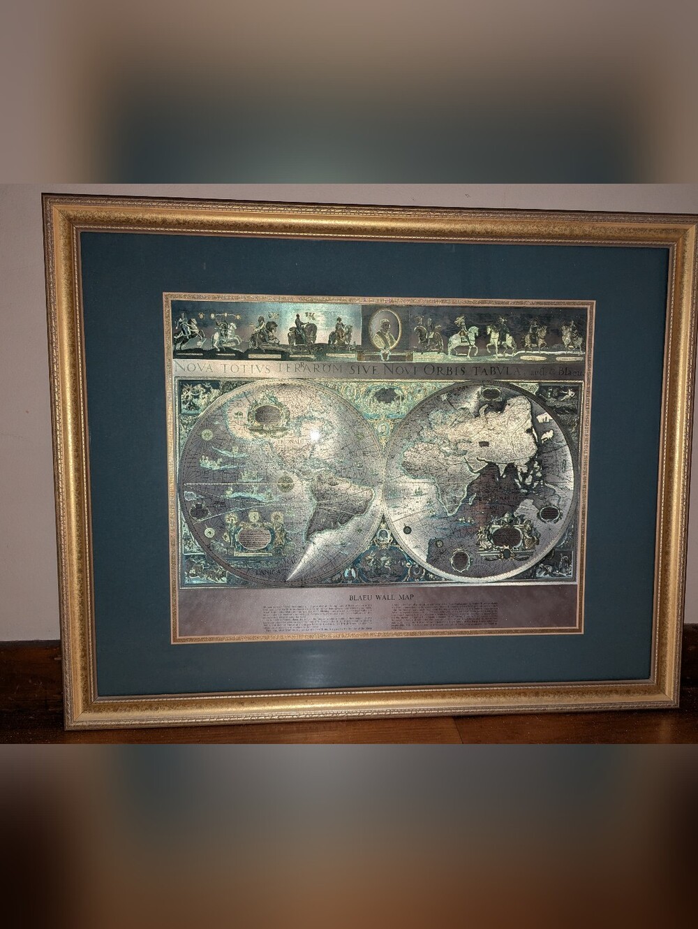 Vintage Framed Gold Foil Old World Blaeu Wall Map 30.5 x 24.75 inches.